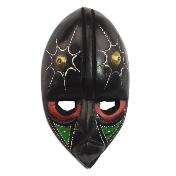 NOVICA Ghanaian Brass and Wood Hand Carved Mask, Multicolor, Stellar