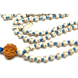 Tulsi Mala Beads Necklace w/ 5 Mukhi Rudraksha – 8mm Beads with "Ram" Inscription – Root Chakra & Aries Birthstone – Meditation Jewelry (Turquoise String/Tassel)