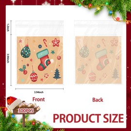 Gersoniel 300 Pcs Christmas Treat Bags Self-adhesive Cellophane Candy Cookie Bags 3.94x3.94 Inch Santa Claus Socks Clear Plastic Goodie Bag with 6 Designs for Xmas Party Favors
