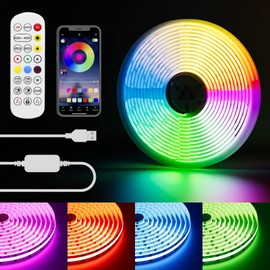 PAUTIX USB RGB Smart IC COB LED Strip 3 m 5 V, 1800 LEDs Pixel Addressable Colour Changing RGB LED Strip, Works for Alexa/Google Assistant, RF Remote Control for TV, Christmas Party, DIY Decoration
