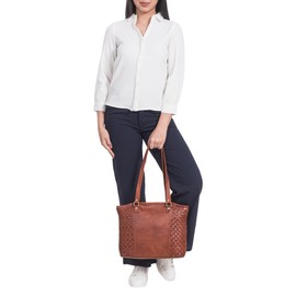 STILORD 'Cora' Leather Handbag in Boho Look Women's Handbag Large Business Bag Braided Leather Women Tote Bag Shopper for Office School University Leisure Genuine Leather, Arona - Brown