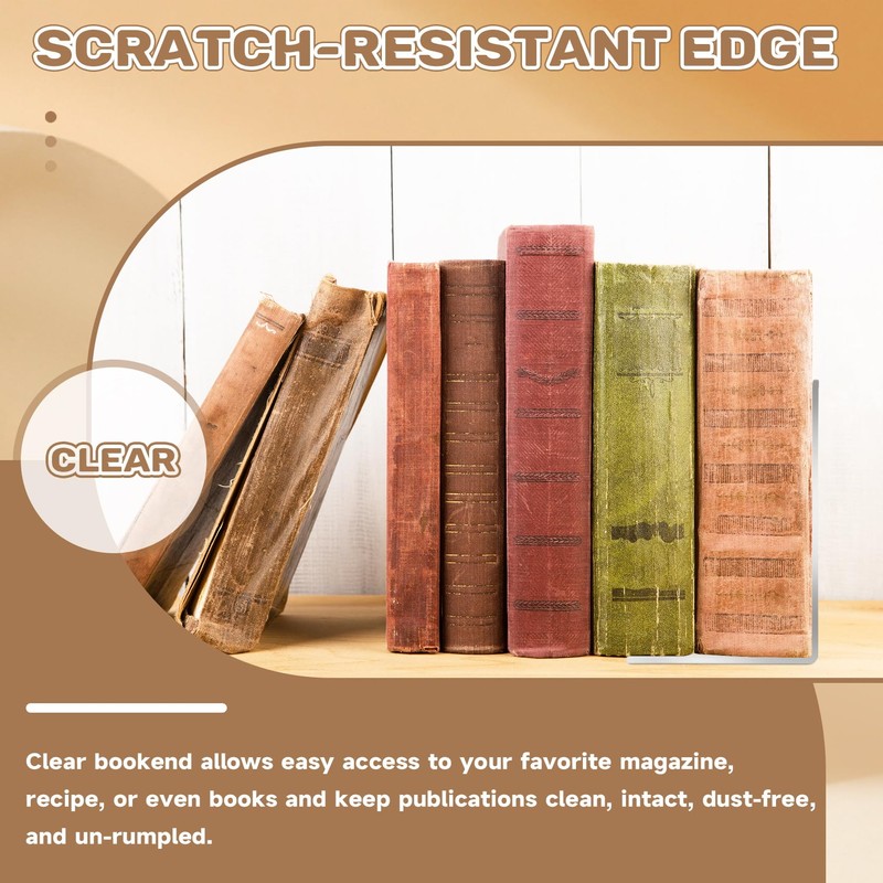 NIZEAMI 8 Pcs Clear Acrylic Bookends Non-Slip Book Ends for