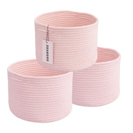 XUANGUO Woven Cotton Rope Storage Baskets - 3-Pack Round Bins (10x10x7'') for Shelves, Closets & Bookcases | Durable Rope Organizers for Nursery, Baby, Toys, Easter & More (pink)