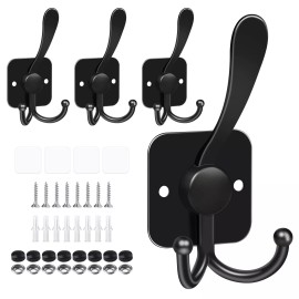 VIS'V 4 Pcs Coat Hooks Wall Mount Black Metal Tri Heavy Duty Adhesive 3 Prong Hanger
