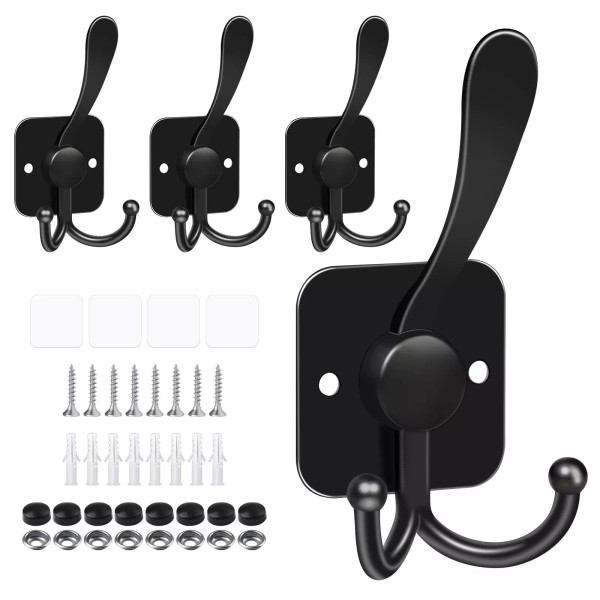 VIS'V 4 Pcs Coat Hooks Wall Mount Black Metal Tri