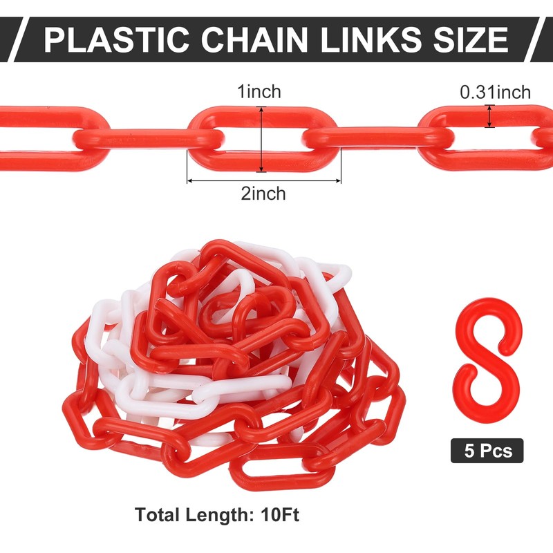 PATIKIL Red/White Plastic Chain, 10 ft 8mm Safety Barrier Chain