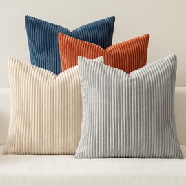 MIULEE Pack of 4 Blue-Yellow Corduroy Decorative Throw Pillow Covers 18x18 Inch Soft Boho Striped Pillow Covers Modern Farmhouse Home Decor for Winter Sofa Living Room Couch Bed