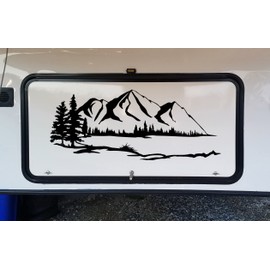 Minglewood Trading Lime | Lake Mountain Trees Scene Vinyl Sticker | Camper RV Travel Trailer Graphics | Die Cut Decal | 24w x 10h inches | Multiple Sizes & Colors