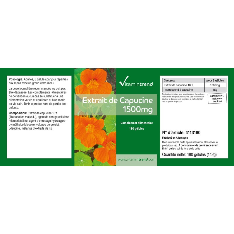 Nasturtium Extract 1500 mg - 180 Capsules - Vegan -