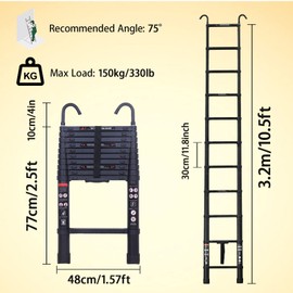 Telescoping Ladder 10.5FT/3.2M Aluminum Black Telescopic Extension Ladder Retraction Portable Lightweight Folding Ladder with EN131 Certified with 2 Detachable Hooks Delicate Design 330lb Max Load