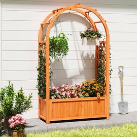 Giantex Set of 2 Raised Garden Bed with Arch Trellis, for Climbing Vine Flower Vegetable, Wood Planter Box with Liner & Drainage Design, Outdoor Plant Container for Yard Balcony (33"x14"x58")