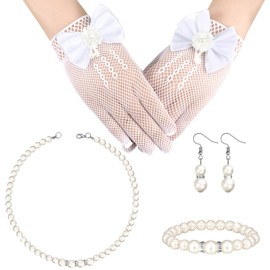 4 Pcs Pearl Necklace Sets for Girls Little Girls Tea Party Jewelry Girls Pearl Bracelet Earrings and White Communion Glove (Short Mesh)