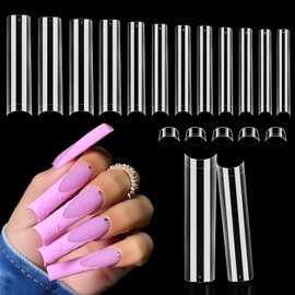 Cycullinyt 504Pcs No C Curve Nail Tips, 3XL Extra Long Half Cover Clear Acrylic Nail Tips Straight Tapered French Fake Press on for Manicure Salon DIY at Home 12 Sizes
