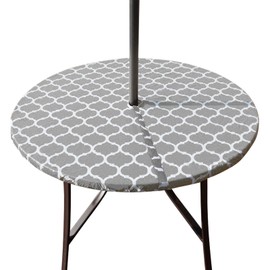 Hipinger Vinyl Round Fitted Tablecloth with Zipper and Umbrella Hole, Outdoor Oil Waterproof Stain Resisteant PVC Table Cover for Party, Picnic and Patio 40-44 Inch, Grey Moroccan