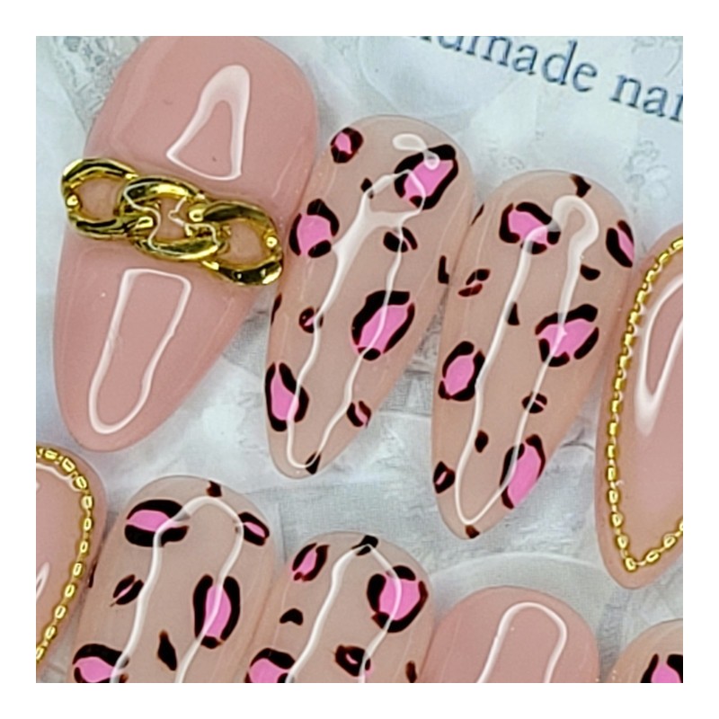 Indie Pink Leopard Handmade Nail Tips - Coffin Egg /