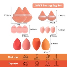 14Pcs Makeup Sponge Set, Beauty Blender with Organizer, Includes 2 Pieces of Triangle Loose Powder Puff, 2 Pieces of Mini Triangle Loose Powder Puff, 3 Pieces of Mini Airbrush Puff, 4 Pieces of Beauty Eggs and 3 Pieces of Mini Beauty Eggs (orange)