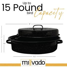 Millvado Roasting Pan With Lid, Turkey Roaster Pan, Extra Large 15 lb Capacity, 18" Granite Oven Roaster Oval Shaped Speckled Enamel on Steel Cookware
