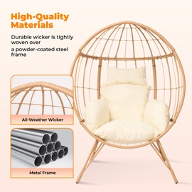Wicker Egg Chair with Cushion,Outdoor Rattan Egg Basket Chair 350lbs Capacity Oversized Patio Lounge Chair for Living Room,Backyard,Balcony,Beige