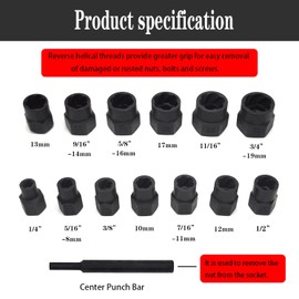 JEUCLEL 14PCS Twist Lug Nut Socket Set - 3/8 inch Drive Damaged Nut Lock Remover Extractor - Rusted & Stubborn Locking Nut Removal Tool Kit Center Punch Bar