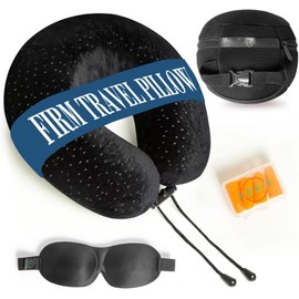 Memory Foam Travel Pillow for Airplanes - Best Airplane Neck Pillow for Long Flights - Plane Accessories Carry Bag to Save Space, Ear Plugs and Eye Mask - Perfect Flight Set & Gift