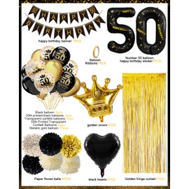 50th Birthday Decorations Black Gold, 50th Birthday Decorations for Men Women with 50th Birthday Balloons, Happy 50th Birthday Decorations, Foil Curtain for 50 Year Old Birthday Decorations Her Him