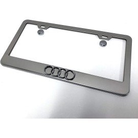 License Plate Frame Shop 1pc 3D "4 Ring LOGO" - STAINLESS STEEL Chrome License Plate Frame w/Screw caps