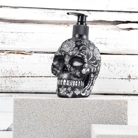 Skull Soap Dispenser with Rust Proof Pump, Refillable Liquid Hand Lotion Bottle for Bathroom, Bedroom and Kitchen.(Black-Silver)