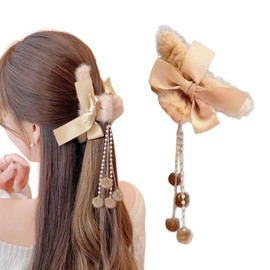 Rannyrena Cute Fuzzy Plush Hair Claw Clips for Women Thin Thick Hair Soft Faux Fur Bow Tassel Hair Claw Strong Hold Non-slip Hair Accessories (Champagne Bow-knot Tassel Medium Claw Clips (Pack of 1))