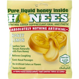 Honees Filled Menthol Lemon Cough Drop, Honey, Menthol & Lemon Cough Drops- Sore Throat Relief - Nothing Artificial -Natural Sore Throat Lozenges- Non-GMO, Gluten Free (1 Pack ? 20 Drops)