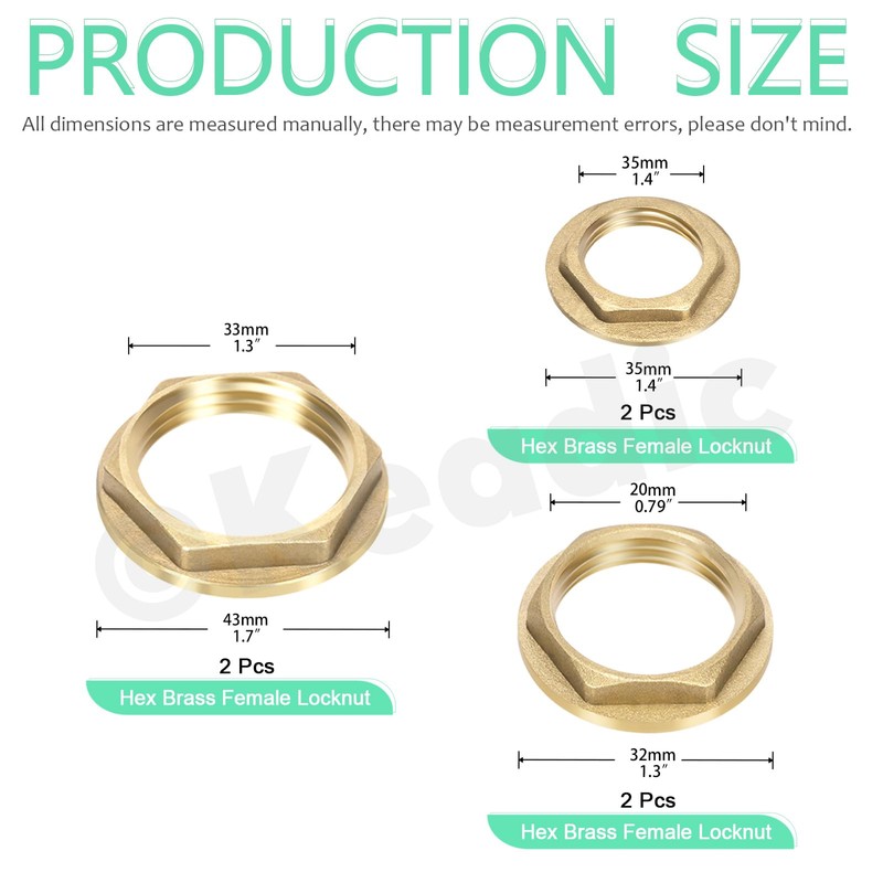 Keadic 6Pcs G1 G1/2 G3/4 Brass Lock Nut with Flange