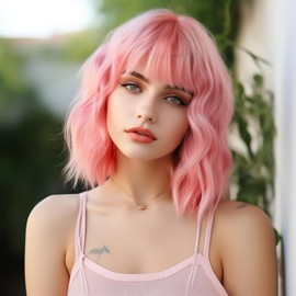 QAUARUMSUN Short Pink Wig with Bangs for Women Curly Wave Bob Synthetic Wigs for Women Girls Daily Use Costume Cosplay