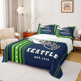 Erosebridal American Football City Bed Sheets Set - Sports Room Decor, Team Sheet Set Full 2 Pillow Cases, Fluorescent Green Navy Blue (Seattle)