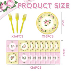 48Pcs Floral Tea Party Plates and Napkins Forks for 16 Guests - Disposible Tableware Tea Party Decorations for Kids Baby Shower Birthday Tea Party Supplies