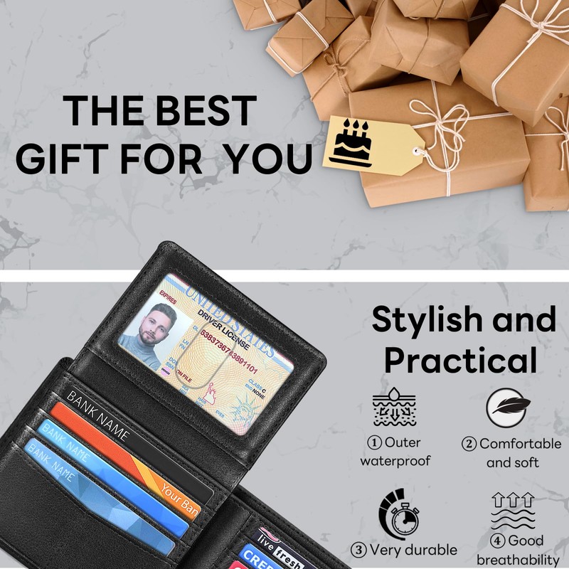 Travelambo Black Wallet for Men, Premium Classic Leather RFID Blocking