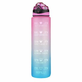 Water Bottle 1L Motivational Drink Flask With Time Markings BPA Free Sport Gym (Pink Blue)