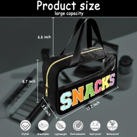 Bunliuys Chenille Letter Clear Makeup Bag Travel Patch, Travel Toiletry Makeup Bag with Handle, Nylon Waterproof Makeup Bags clear cosmetic bag, preppy patch makeup bag for Women (SNACKS-Black)