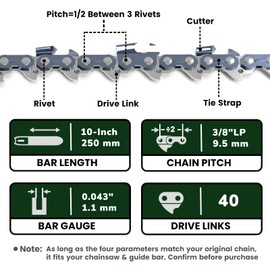 New 10 Inch Chainsaw Chain 3/8"LP Pitch .043" Gauge 40 Drive Links, 10 Inch Replacement Chain for EGO PSA1020, RYOBI P2502, Worx WG322 WG323, Makita XCU06, Milwaukee M18, BLACK+DECKER & More - R40