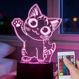 Lumipallas Cat Night Light Remote Control, Kitty Cute Nightlight Dimmable, 3D Illusion Lamp 16 Colors, Touch Bedside Lamp, Gifts for Kids Girls Boys Birthday, Bedroom Decor, Baby Nursery（Hello Cat