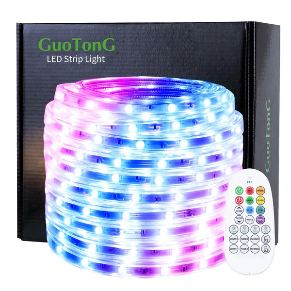 GUOTONG LED Rope Lights 50ft / 15m RGB Dimmable Strip Lighting Kit, Flexible 450 LED, 110V, Waterproof, Male and Female connectors, Power Plug Built-in Fuse Design, Infrared Remote Control
