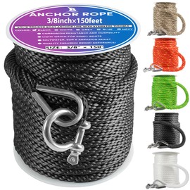 Premium Anchor Rope 150 ft x 3/8 inch, Solid Braid MFP Anchor Line Boat Rope Marine Rope,Boat Anchor Rope with Thimble & Shackle - Black