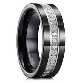 King Will GEM Mens Women 8mm Black Polished Finish Tungsten Carbide Ring Cubic Zircon Stones Flat Style Wedding Band(7.5)