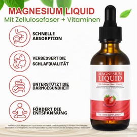 Magnesium Glycinate Drops for Women & Men, Liquid Dietary Supplement Complex with Magnesium Taurate, Cellulose Fibre, Bromelain, Vitamins and Zinc, Strawberry Flavour, 60 ml