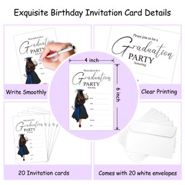 bxtala Female Graduation Invitations with Envelopes, Junior High School College University Master Grad Party Invites, Sorority Party Event Supplies Set of 20 - A06