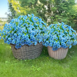 Artificial Fake Outdoor Plants Flowers for Summer Decoration, 12 Bundles Silk Blue Morning Glory Eucalyptus Realistic UV Resistant Faux Flowers for Outside Planter Front Door Porch Garden Yard Patio