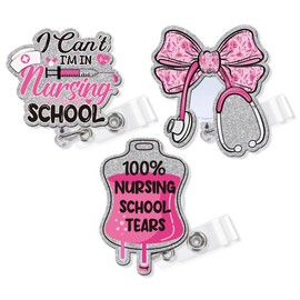 Obookey 3 Pcs Nursing Student Badge Reel, Cute Pink Bow ID Badge Holder with Retractable Clip, Glitter Nursing School Tears Badges Buddy for Nurse School Students Doctor Medical Assistant Gift