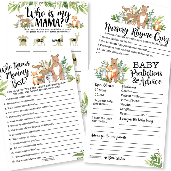 50 Woodland Baby Shower Games Género Neutral - 4 juegos de doble cara, Who Knows Mommy Best Baby Shower Game, Baby Animal Name Game, Baby Animal Name Game, Nursery Rhyme, Baby Prediction and Advice Cards