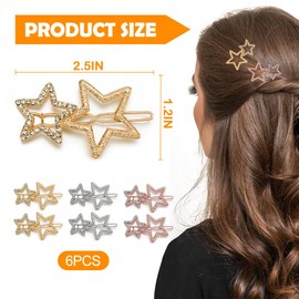 6PCS Star Hair Clips Pins, Elegant Rhinestone Star Barrettes, Non-Slip Hollow Star Hair Clips Y2k Hair Accessories for Girls Women Girls Hair Styling(Gold, Silver, Rosegold)