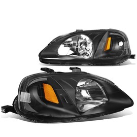 DNA Motoring HL-OH-HC99-BK-AM Black Amber Headlights Replacement For 99-00 Civic