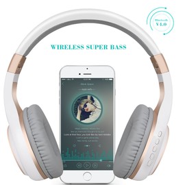 Riwbox Bluetooth-Kopfhörer, XBT-80 Faltbare, kabellose Stereo-Kopfhörer Over-Ear mit Mikrofon und Lautstärkeregelung, mit und ohne Kabel, für PC/Handys/TV (Weiß&Gold)