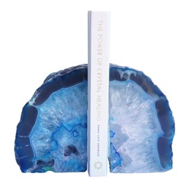 Sisamn Natural Blue Dyed Agate Geode Bookends - 2 to 3 lb Heavy Duty Rock Crystal Stone Book Ends for Shelves, with Rubber Bumpers, Decorative Book Holders for Home Office